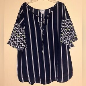 Stylus Women’s Dark Blue Striped Tie Neck Blouse Flare Fan Short Sleeves - XL